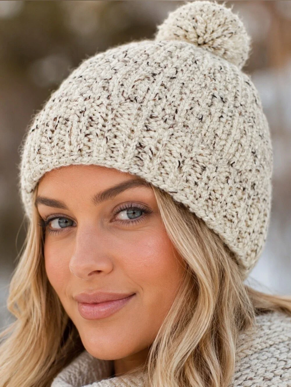 Winter Hat Handmade Speckled Cream Yarn Knit Pom Pom Beanie Womens Accessories